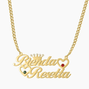Double Heart Name Necklace w/ Cuban Chain | Custom Stainless Steel Name Necklace - Engravely