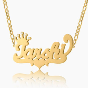Double Plated Crown Heart Name Necklace w/ Figaro Chain | Custom 18K Gold Plated Name Necklace - Engravely
