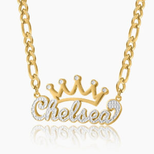 Double Plated Crown Name Necklace w/ Figaro Chain | Custom 18K Gold Plated Name Necklace - Engravely