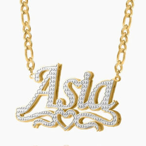 Double Plated Heart Title Name Necklace w/ Figaro Chain | Custom 18K Gold Plated Name Necklace - Engravely
