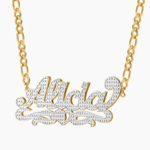 Double Plated Heart Twirl Name Necklace w/ Figaro Chain | Custom 18K Gold Plated Name Necklace - Engravely