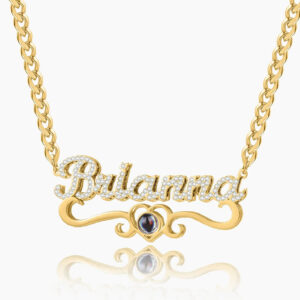 Double Plated Iced Heart Photo Name Necklace w/ Cuban Chain | Custom 18K Gold Plated Name Necklace - Engravely