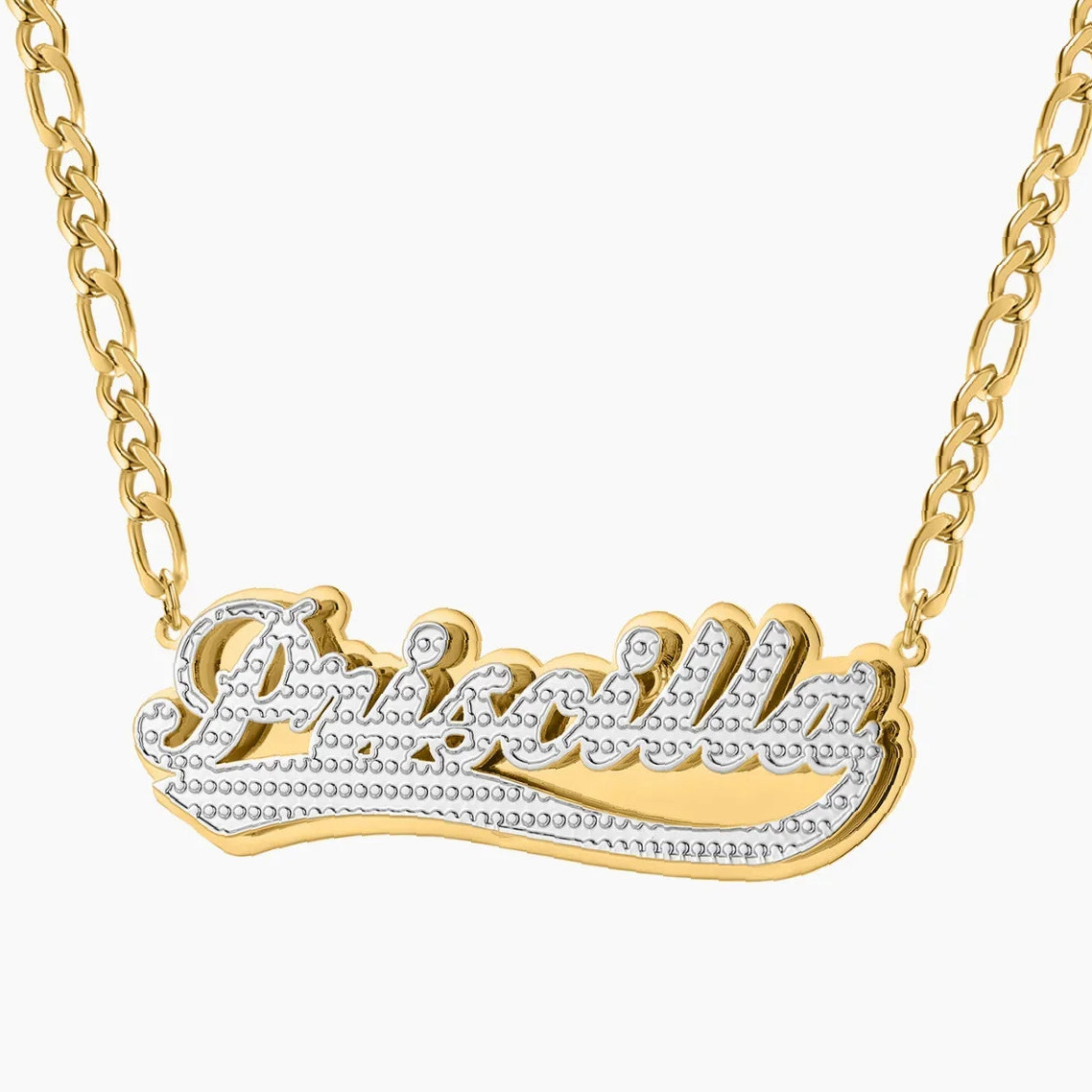 Double Plated Swiped Name Necklace w/ Figaro Chain | Custom 18K Gold Plated Name Necklace - Engravely