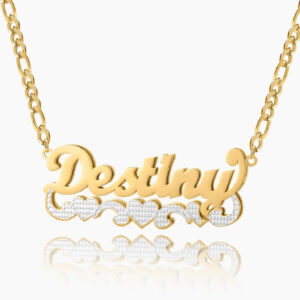 Double Plated Triple Heart Name Necklace w/ Cuban Chain | Custom 18K Gold Plated Name Necklace - Engravely