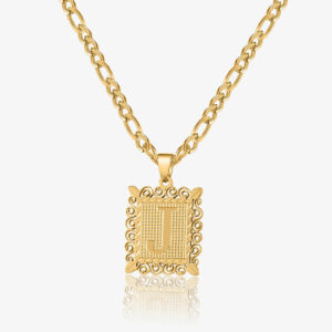 Eng ravely Embossed Initial Necklace with Figaro Chain
