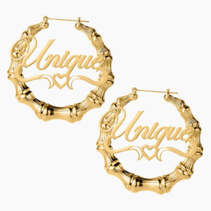 Heart Outline Bamboo Name Hoop Earrings | Custom Premium Metal Alloy Earrings - Engravely