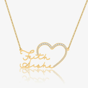 Eng ravely Iced Heart Double Script Name Necklace