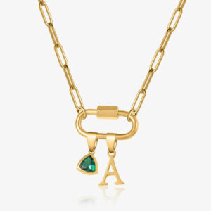Eng ravely Initial Birthstone with Paper Clip Chain