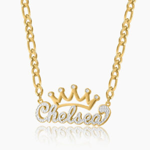 Double Plated Crown Name Necklace w/ Figaro Chain | Kids Custom 18K Gold Plated Jewelry - Engravely