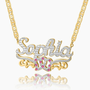 Double Plated Double Heart Name Necklace w/ Clip Chain | Kids Custom 18K Gold Plated Jewelry - Engravely