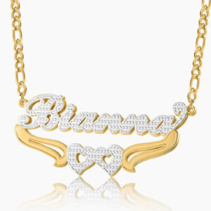 Double Plated Hearts Name Necklace w/ Figaro Chain | Kids Custom 18K Gold Plated Jewelry - Engravely