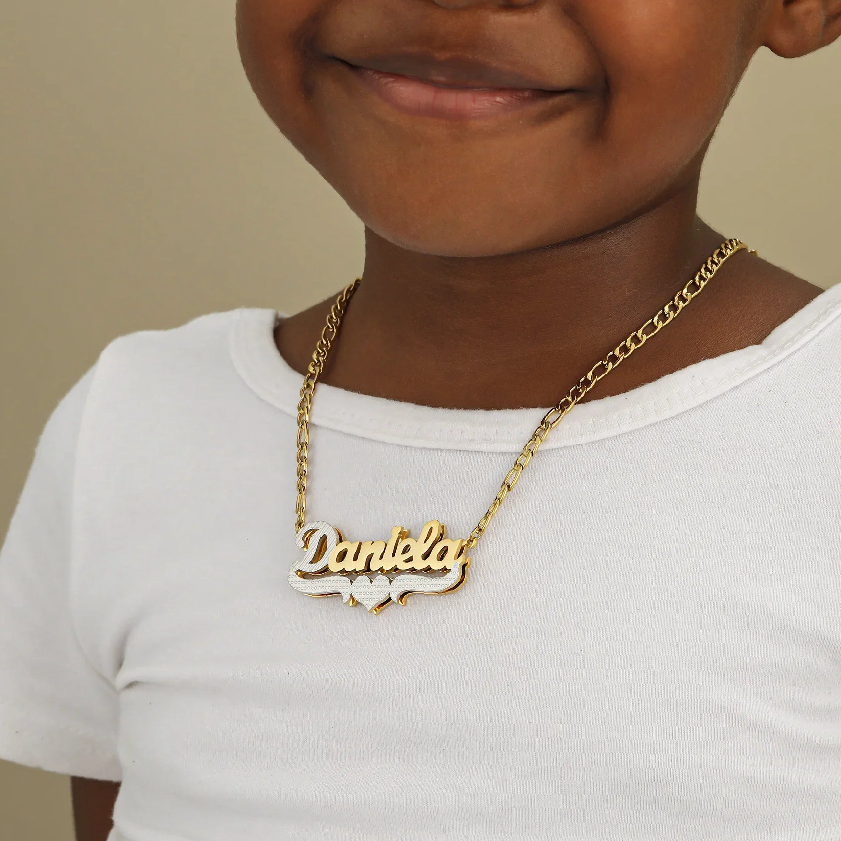Double Plated Script Name Necklace w/ Figaro Chain | Kids Custom 18K Gold Plated Jewelry - Engravely - Image 2