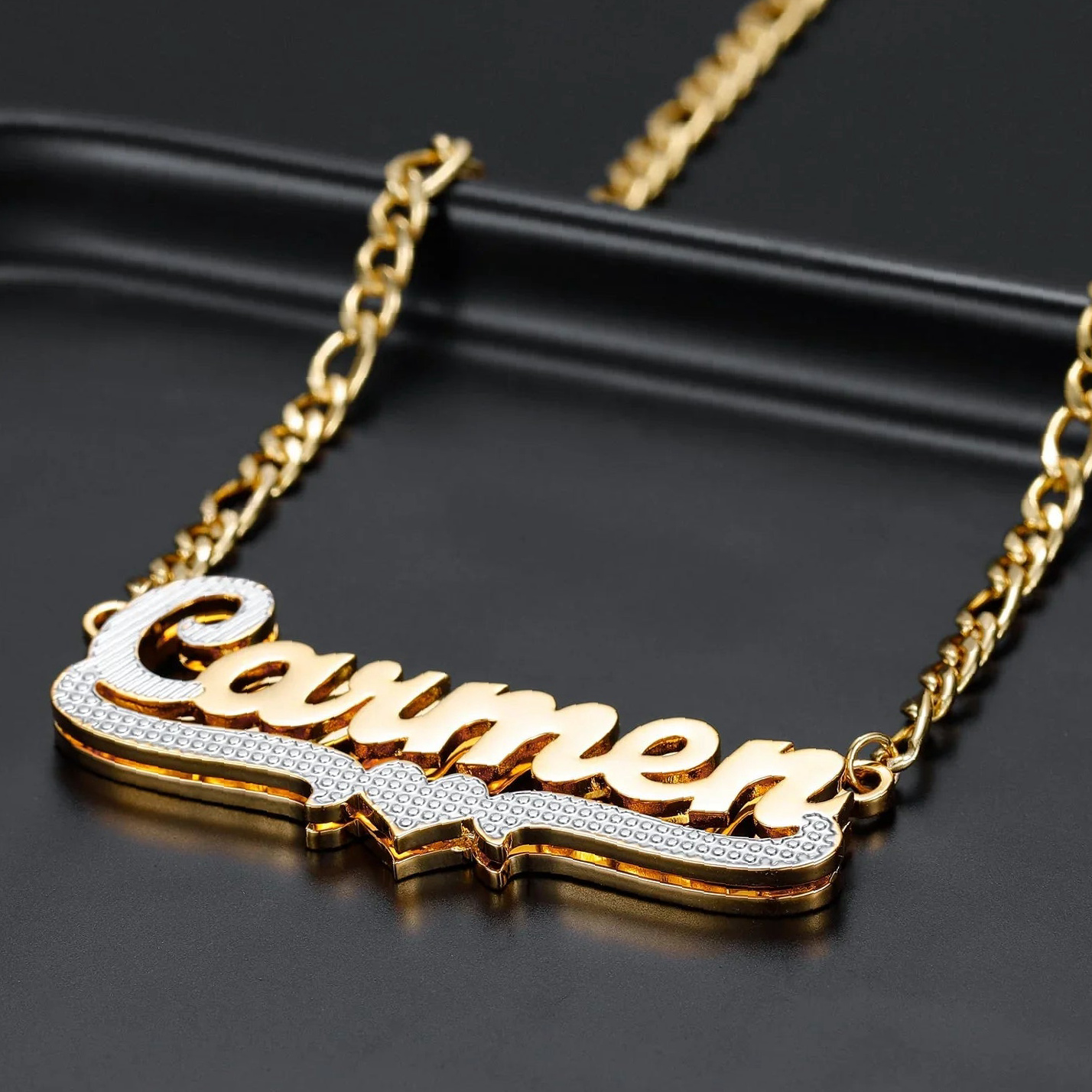 Double Plated Script Name Necklace w/ Figaro Chain | Kids Custom 18K Gold Plated Jewelry - Engravely - Image 3