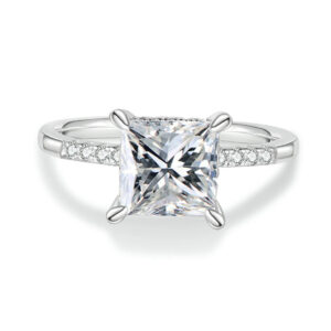 Princess Cut Moissanite Engagement Ring With Halo | Custom Premium Metal Alloy Ring - Engravely