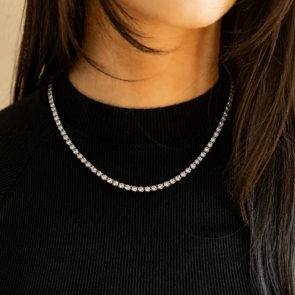 Round Bezel Tennis Chain Necklace | Custom Premium Metal Alloy Name Necklace - Engravely - Image 2