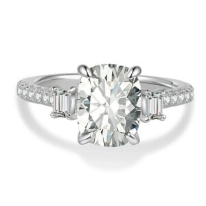 Three Stone Cushion Moissanite Engagement Ring | Custom Premium Metal Alloy Ring - Engravely